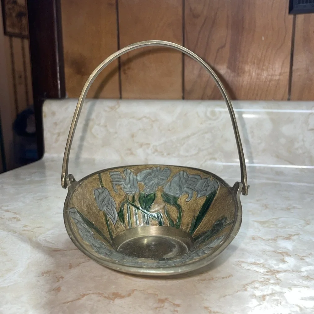 Rare Vintage Brass &Enamel‎ Cloisonne handled trinket bowl BEAUTIFUL